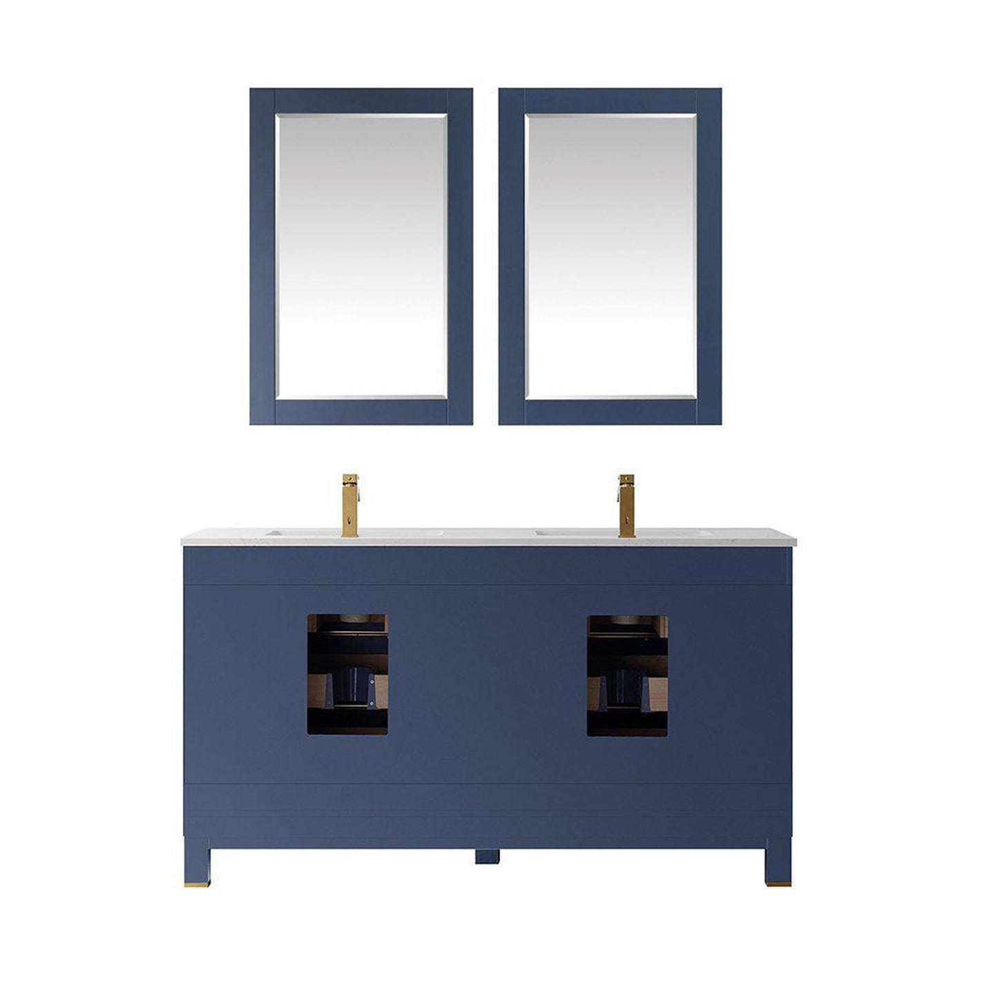 Altair Jackson 60" Double Royal Blue Freestanding Bathroom Vanity Set With Mirror, Aosta White Composite Stone Top, Two Rectangular Undermount Ceramic Sinks, and Overflow