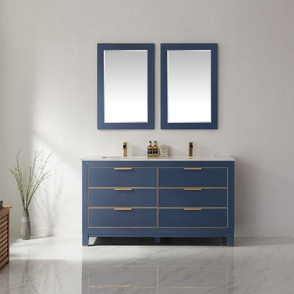 Altair Jackson 60" Double Royal Blue Freestanding Bathroom Vanity Set With Mirror, Aosta White Composite Stone Top, Two Rectangular Undermount Ceramic Sinks, and Overflow