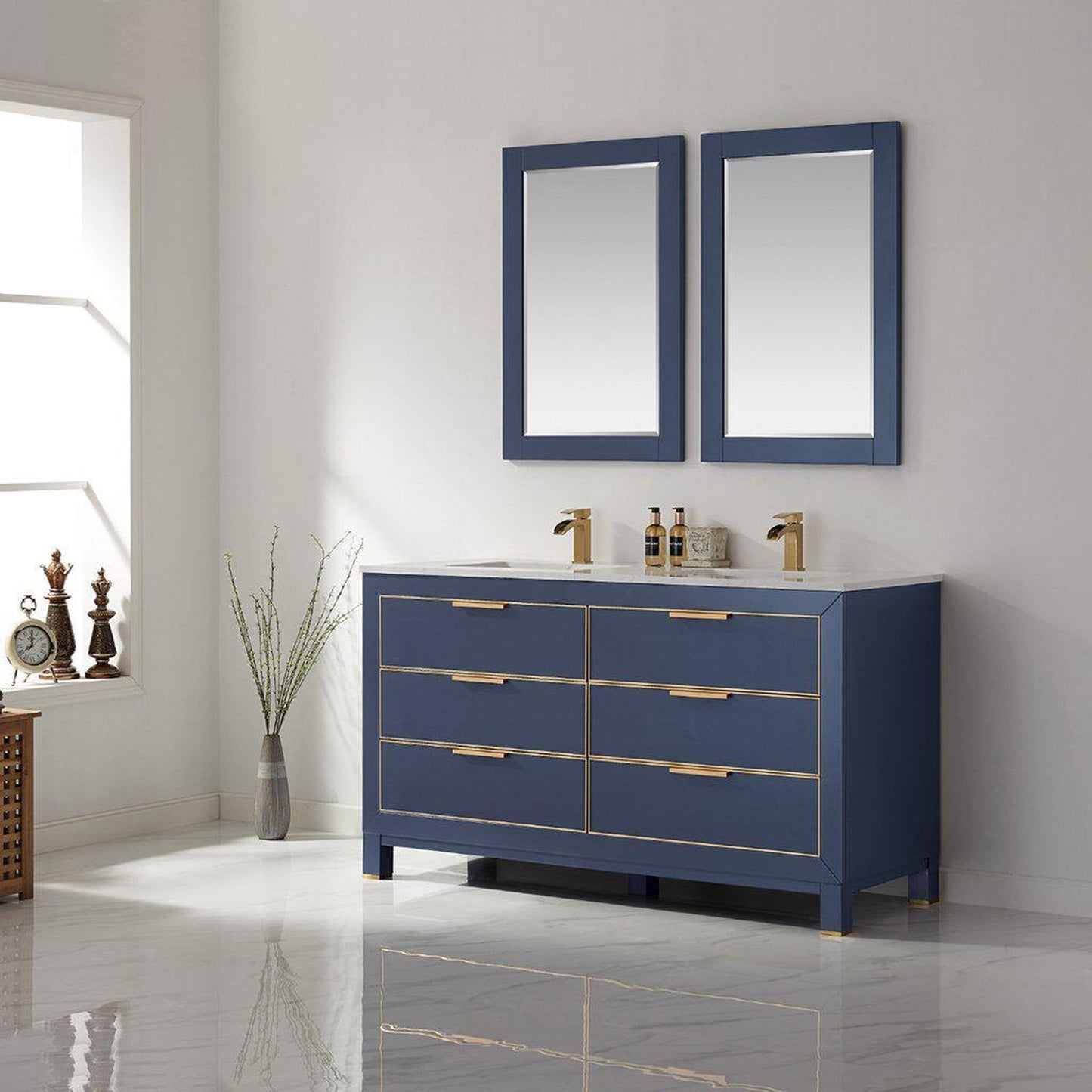 Altair Jackson 60" Double Royal Blue Freestanding Bathroom Vanity Set With Mirror, Aosta White Composite Stone Top, Two Rectangular Undermount Ceramic Sinks, and Overflow