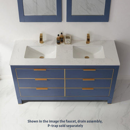 Altair Jackson 60" Double Royal Blue Freestanding Bathroom Vanity Set With Mirror, Aosta White Composite Stone Top, Two Rectangular Undermount Ceramic Sinks, and Overflow