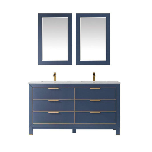 Altair Jackson 60" Double Royal Blue Freestanding Bathroom Vanity Set With Mirror, Aosta White Composite Stone Top, Two Rectangular Undermount Ceramic Sinks, and Overflow