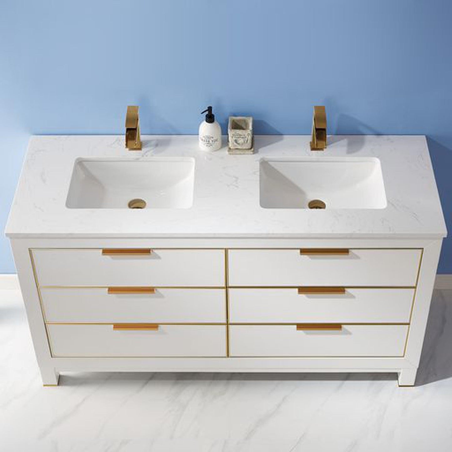 Altair Jackson 60" Double White Freestanding Bathroom Vanity Set With Aosta White Composite Stone Top, Two Rectangular Undermount Ceramic Sinks, and Overflow