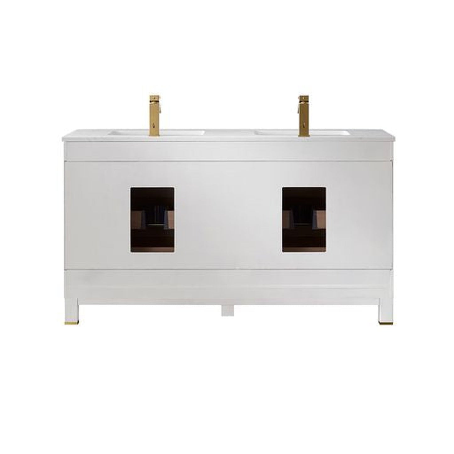 Altair Jackson 60" Double White Freestanding Bathroom Vanity Set With Aosta White Composite Stone Top, Two Rectangular Undermount Ceramic Sinks, and Overflow