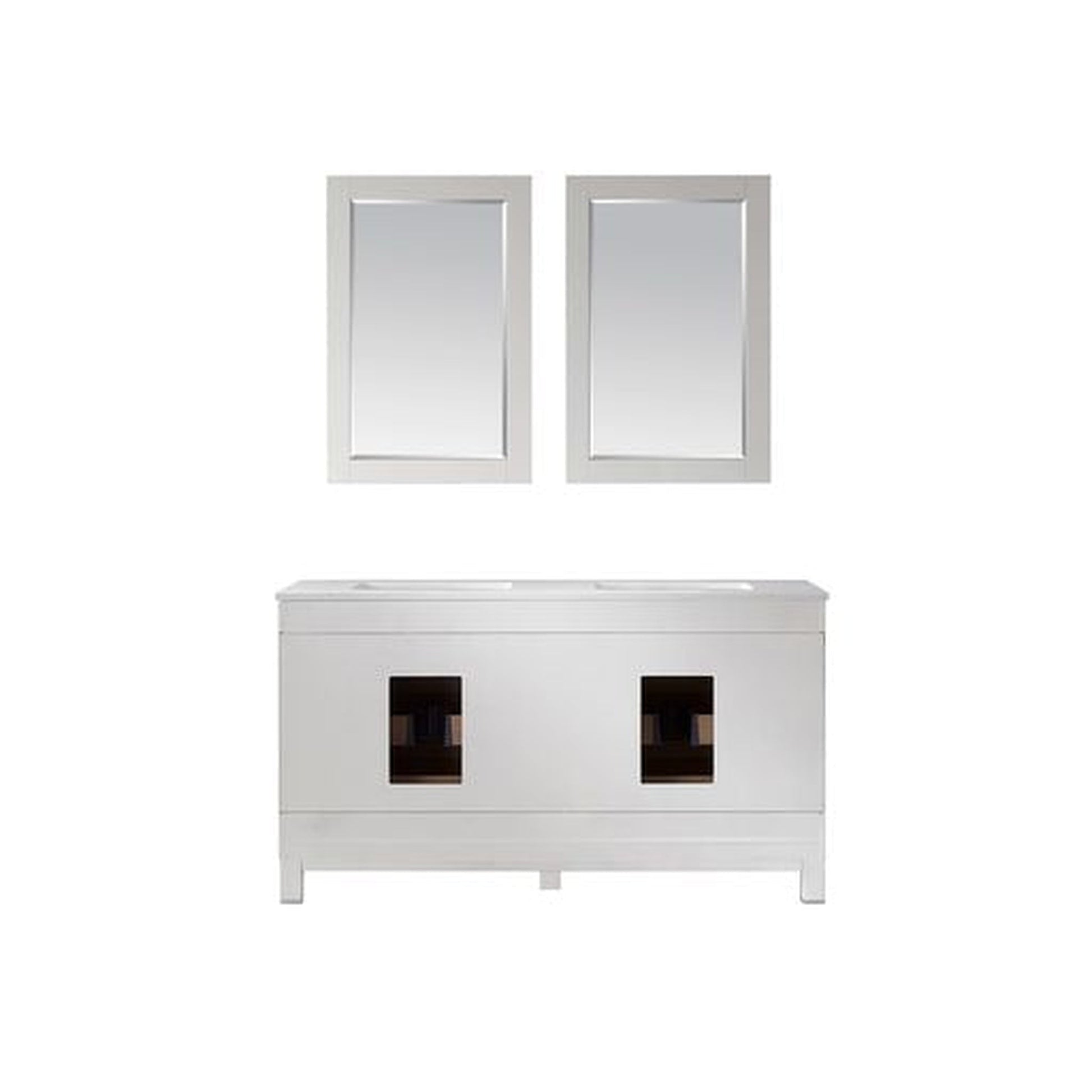 Altair Jackson 60" Double White Freestanding Bathroom Vanity Set With Mirror, Aosta White Composite Stone Top, Two Rectangular Undermount Ceramic Sinks, and Overflow