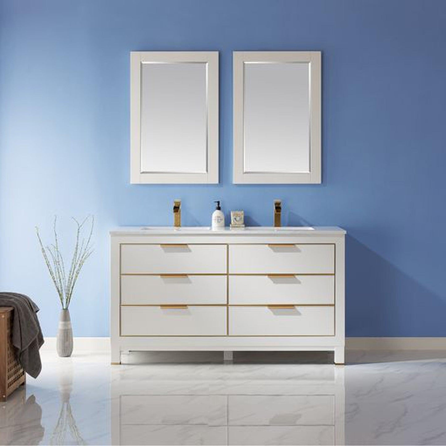 Altair Jackson 60" Double White Freestanding Bathroom Vanity Set With Mirror, Aosta White Composite Stone Top, Two Rectangular Undermount Ceramic Sinks, and Overflow