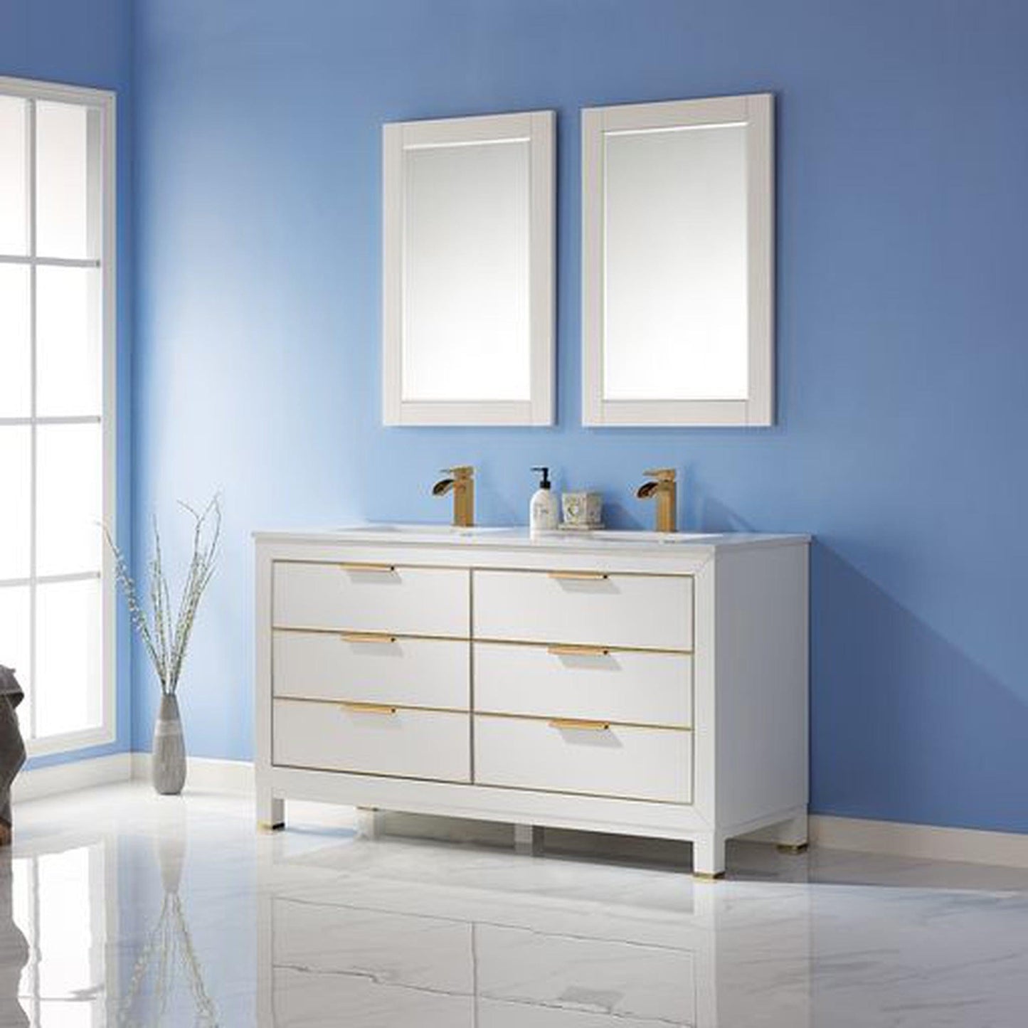 Altair Jackson 60" Double White Freestanding Bathroom Vanity Set With Mirror, Aosta White Composite Stone Top, Two Rectangular Undermount Ceramic Sinks, and Overflow