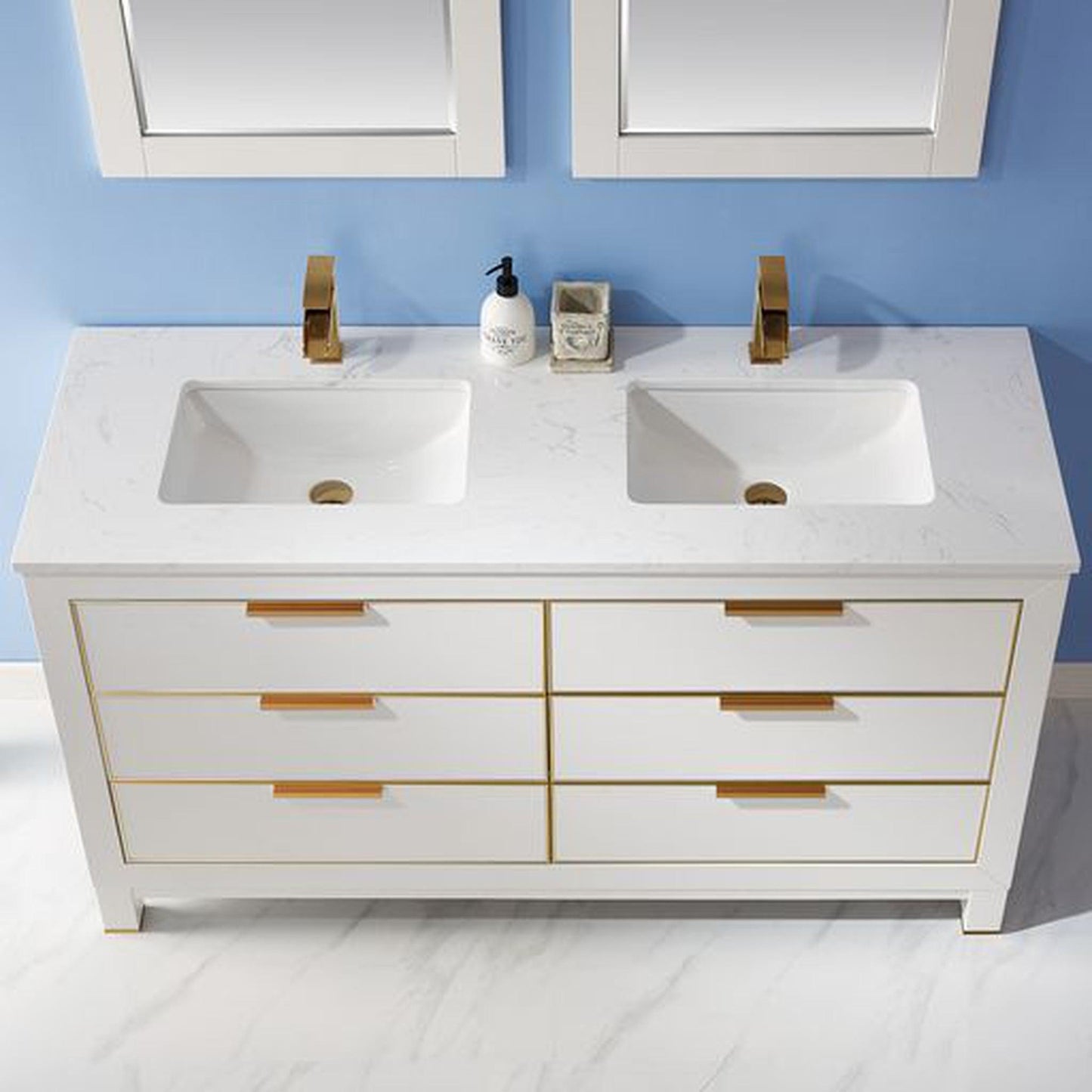 Altair Jackson 60" Double White Freestanding Bathroom Vanity Set With Mirror, Aosta White Composite Stone Top, Two Rectangular Undermount Ceramic Sinks, and Overflow