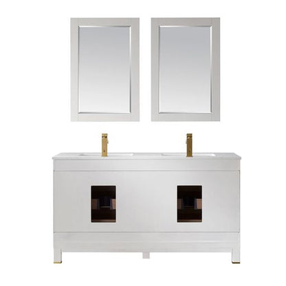 Altair Jackson 60" Double White Freestanding Bathroom Vanity Set With Mirror, Aosta White Composite Stone Top, Two Rectangular Undermount Ceramic Sinks, and Overflow