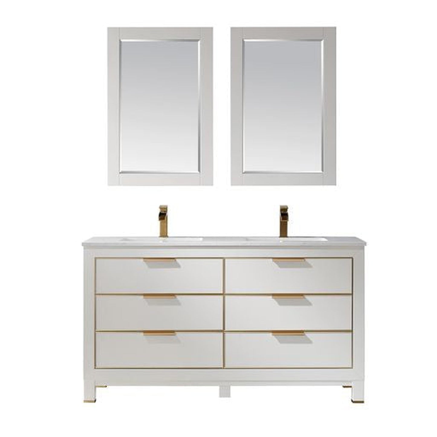 Altair Jackson 60" Double White Freestanding Bathroom Vanity Set With Mirror, Aosta White Composite Stone Top, Two Rectangular Undermount Ceramic Sinks, and Overflow