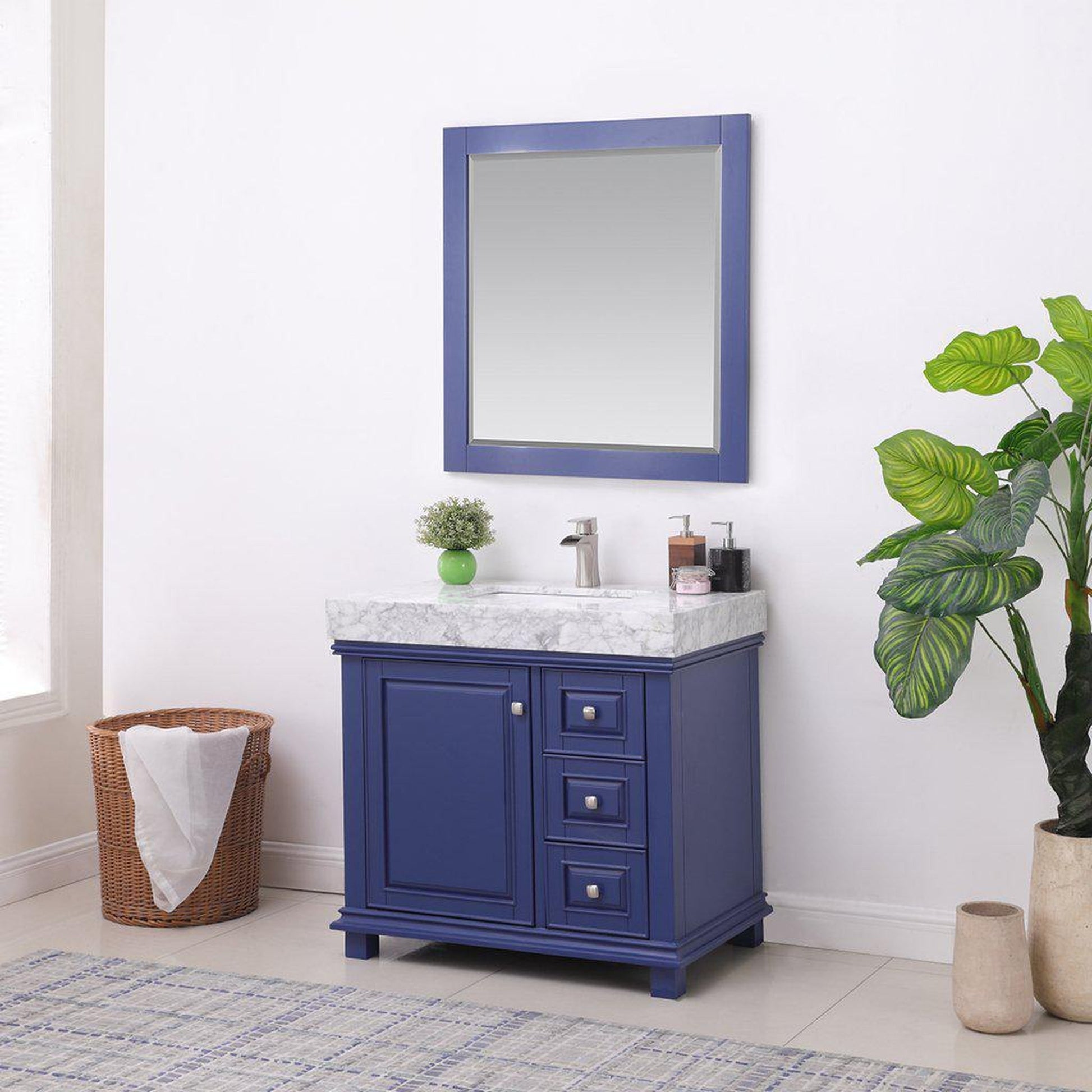 Altair Jardin 36" Single Jewelry Blue Freestanding Bathroom Vanity Set With Mirror, Natural Carrara White Marble Top, Rectangular Undermount Ceramic Sink, and Overflow