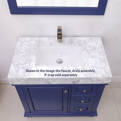 Altair Jardin 36" Single Jewelry Blue Freestanding Bathroom Vanity Set With Mirror, Natural Carrara White Marble Top, Rectangular Undermount Ceramic Sink, and Overflow