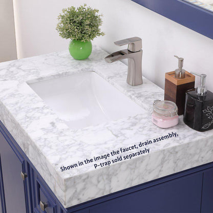 Altair Jardin 36" Single Jewelry Blue Freestanding Bathroom Vanity Set With Mirror, Natural Carrara White Marble Top, Rectangular Undermount Ceramic Sink, and Overflow