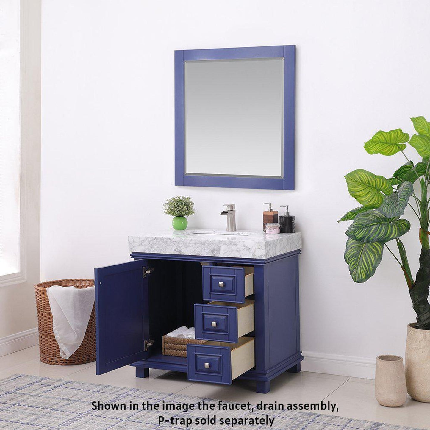 Altair Jardin 36" Single Jewelry Blue Freestanding Bathroom Vanity Set With Mirror, Natural Carrara White Marble Top, Rectangular Undermount Ceramic Sink, and Overflow