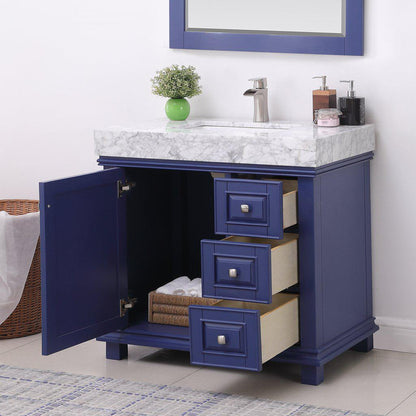 Altair Jardin 36" Single Jewelry Blue Freestanding Bathroom Vanity Set With Mirror, Natural Carrara White Marble Top, Rectangular Undermount Ceramic Sink, and Overflow