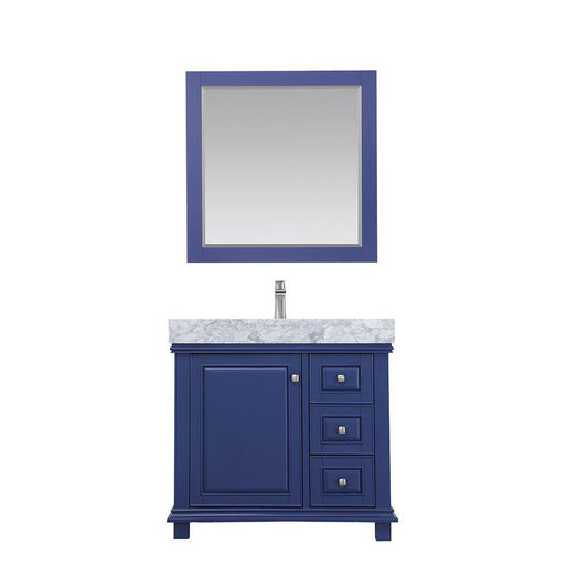 Altair Jardin 36" Single Jewelry Blue Freestanding Bathroom Vanity Set With Mirror, Natural Carrara White Marble Top, Rectangular Undermount Ceramic Sink, and Overflow