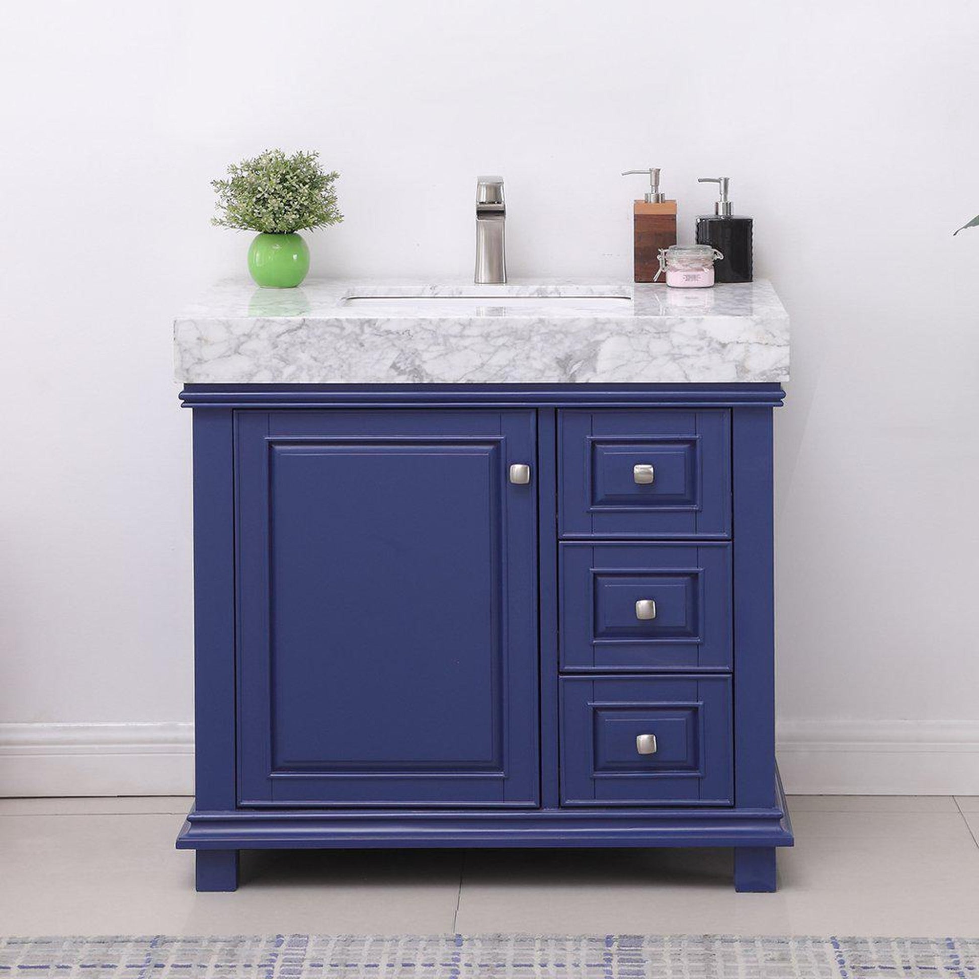 Altair Jardin 36" Single Jewelry Blue Freestanding Bathroom Vanity Set With Natural Carrara White Marble Top, Rectangular Undermount Ceramic Sink, and Overflow