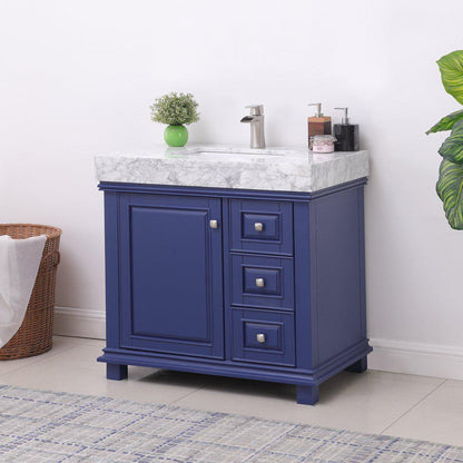 Altair Jardin 36" Single Jewelry Blue Freestanding Bathroom Vanity Set With Natural Carrara White Marble Top, Rectangular Undermount Ceramic Sink, and Overflow