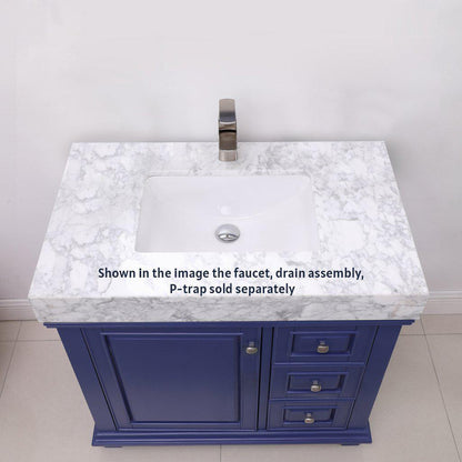 Altair Jardin 36" Single Jewelry Blue Freestanding Bathroom Vanity Set With Natural Carrara White Marble Top, Rectangular Undermount Ceramic Sink, and Overflow