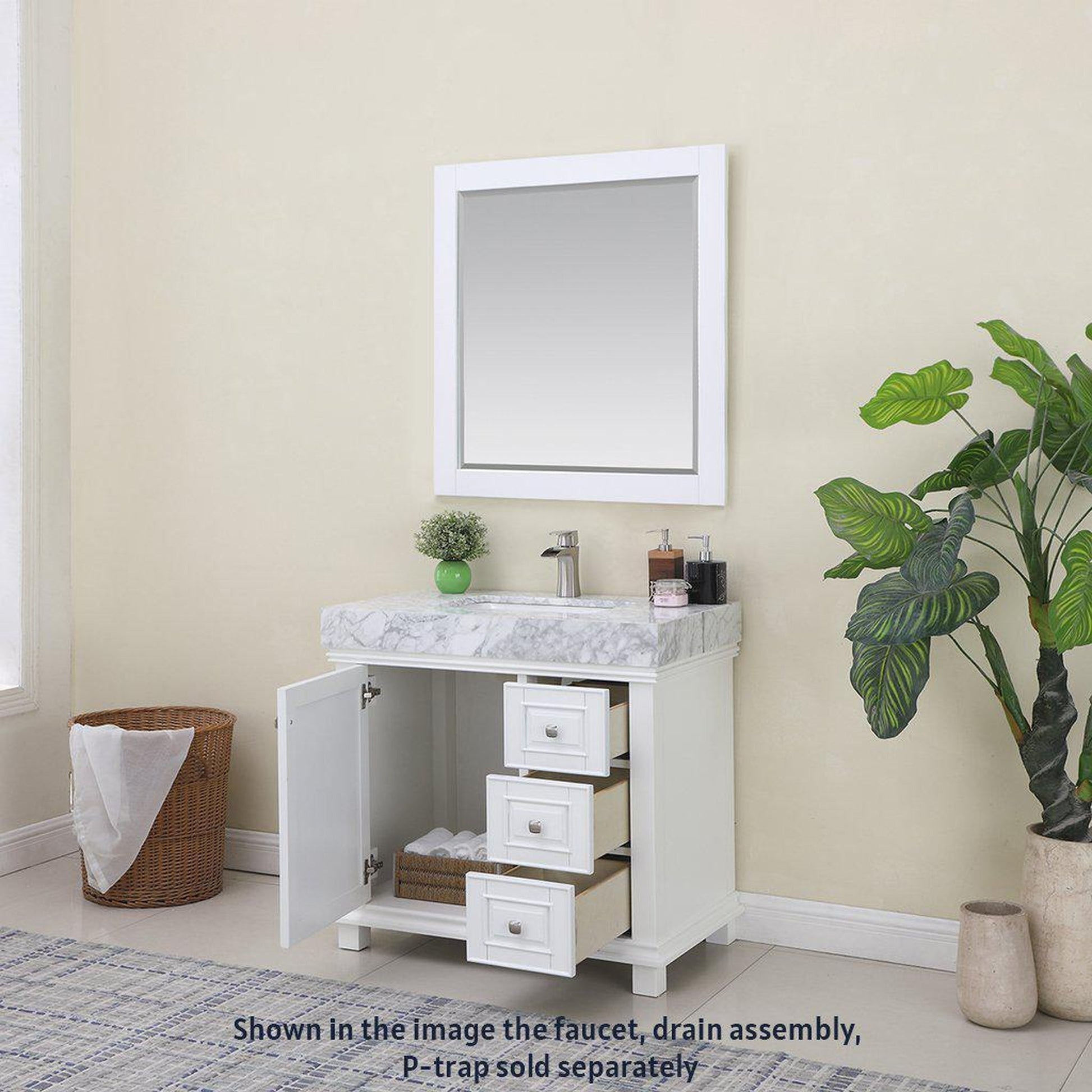 Altair Jardin 36" Single White Freestanding Bathroom Vanity Set With Mirror, Natural Carrara White Marble Top, Rectangular Undermount Ceramic Sink, and Overflow