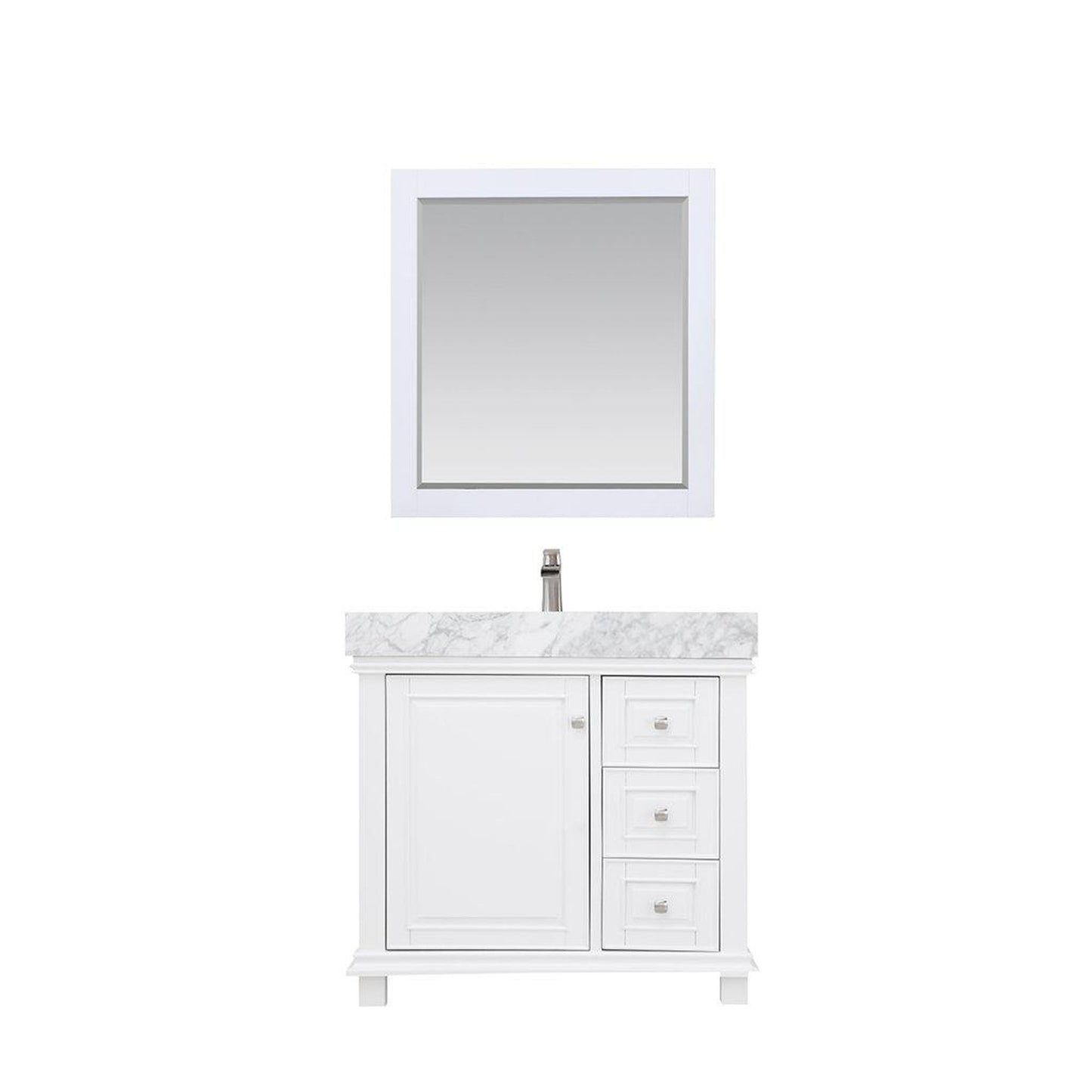 Altair Jardin 36" Single White Freestanding Bathroom Vanity Set With Mirror, Natural Carrara White Marble Top, Rectangular Undermount Ceramic Sink, and Overflow