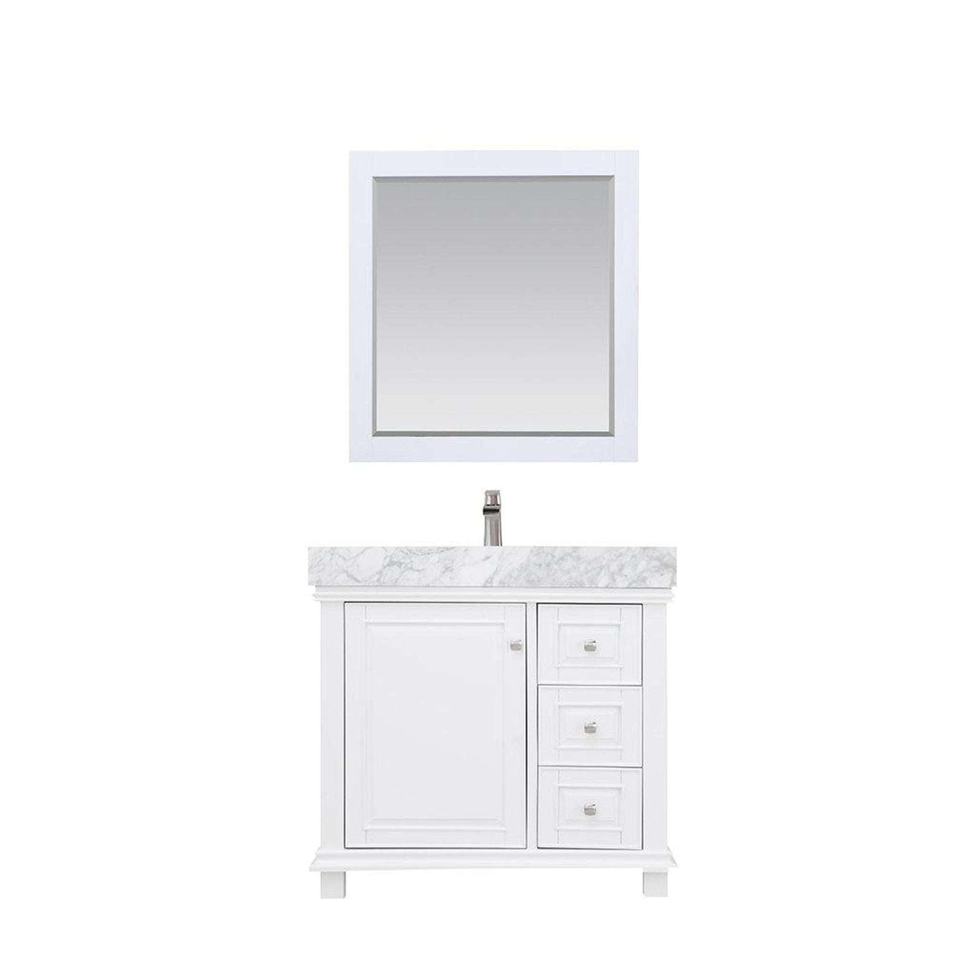 Altair Jardin 36" Single White Freestanding Bathroom Vanity Set With Mirror, Natural Carrara White Marble Top, Rectangular Undermount Ceramic Sink, and Overflow
