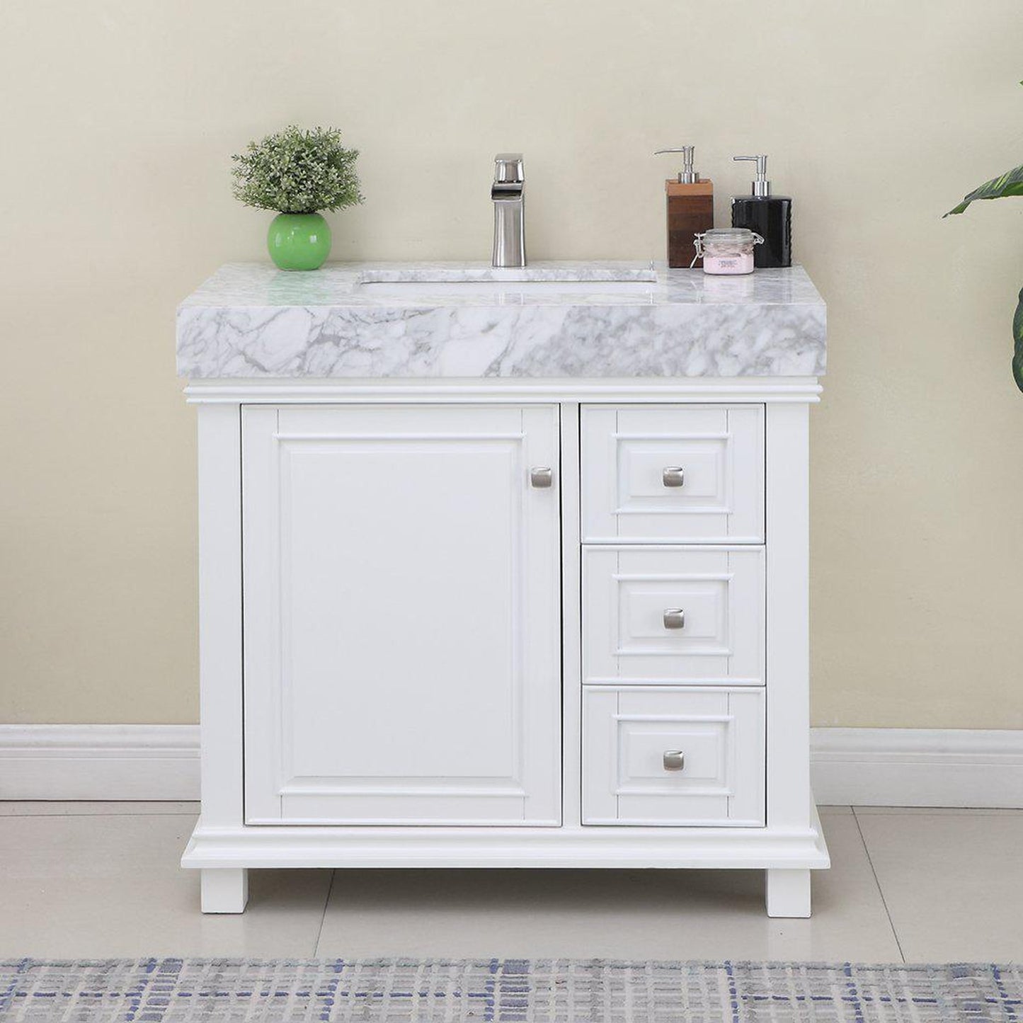 Altair Jardin 36" Single White Freestanding Bathroom Vanity Set With Natural Carrara White Marble Top, Rectangular Undermount Ceramic Sink, and Overflow