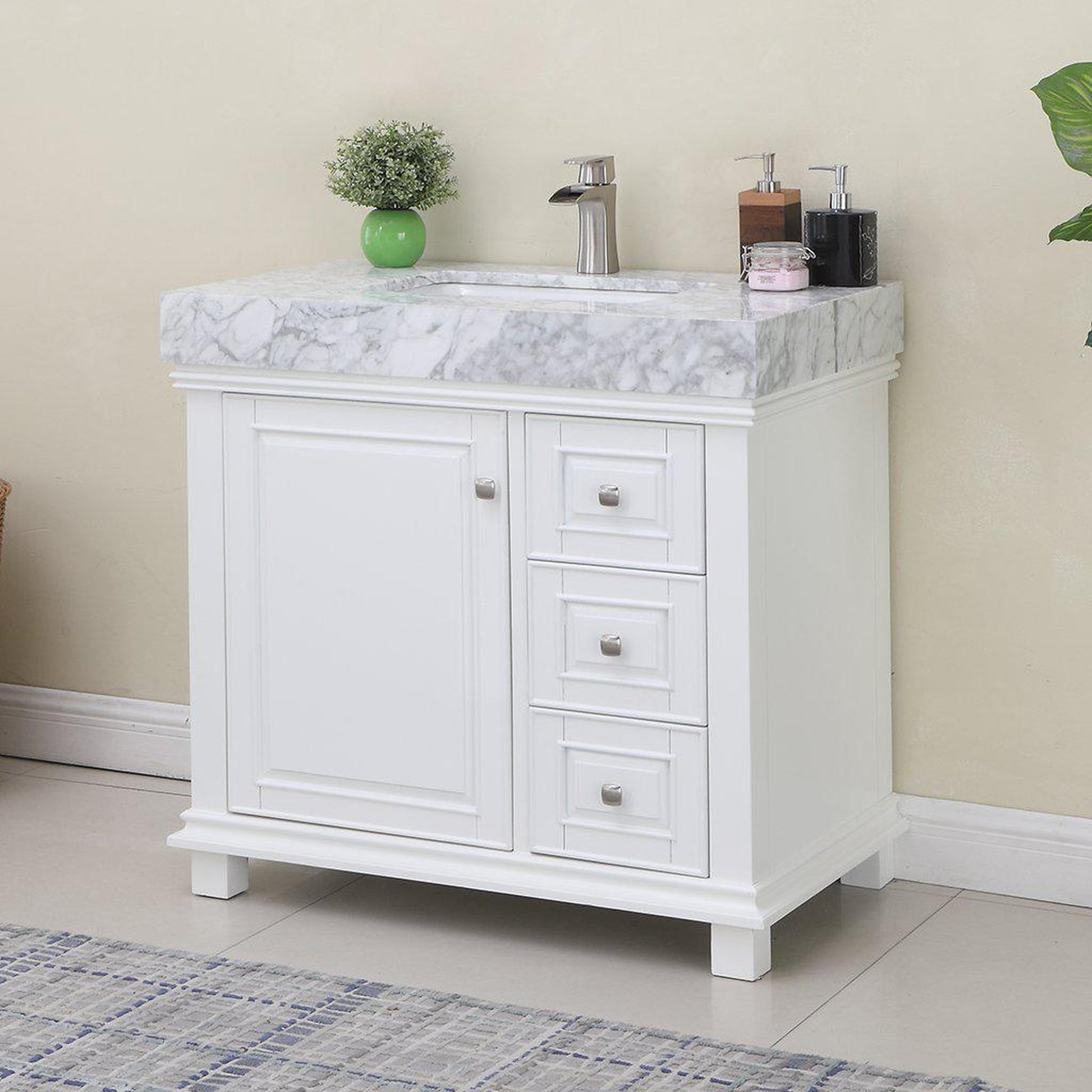 Altair Jardin 36" Single White Freestanding Bathroom Vanity Set With Natural Carrara White Marble Top, Rectangular Undermount Ceramic Sink, and Overflow