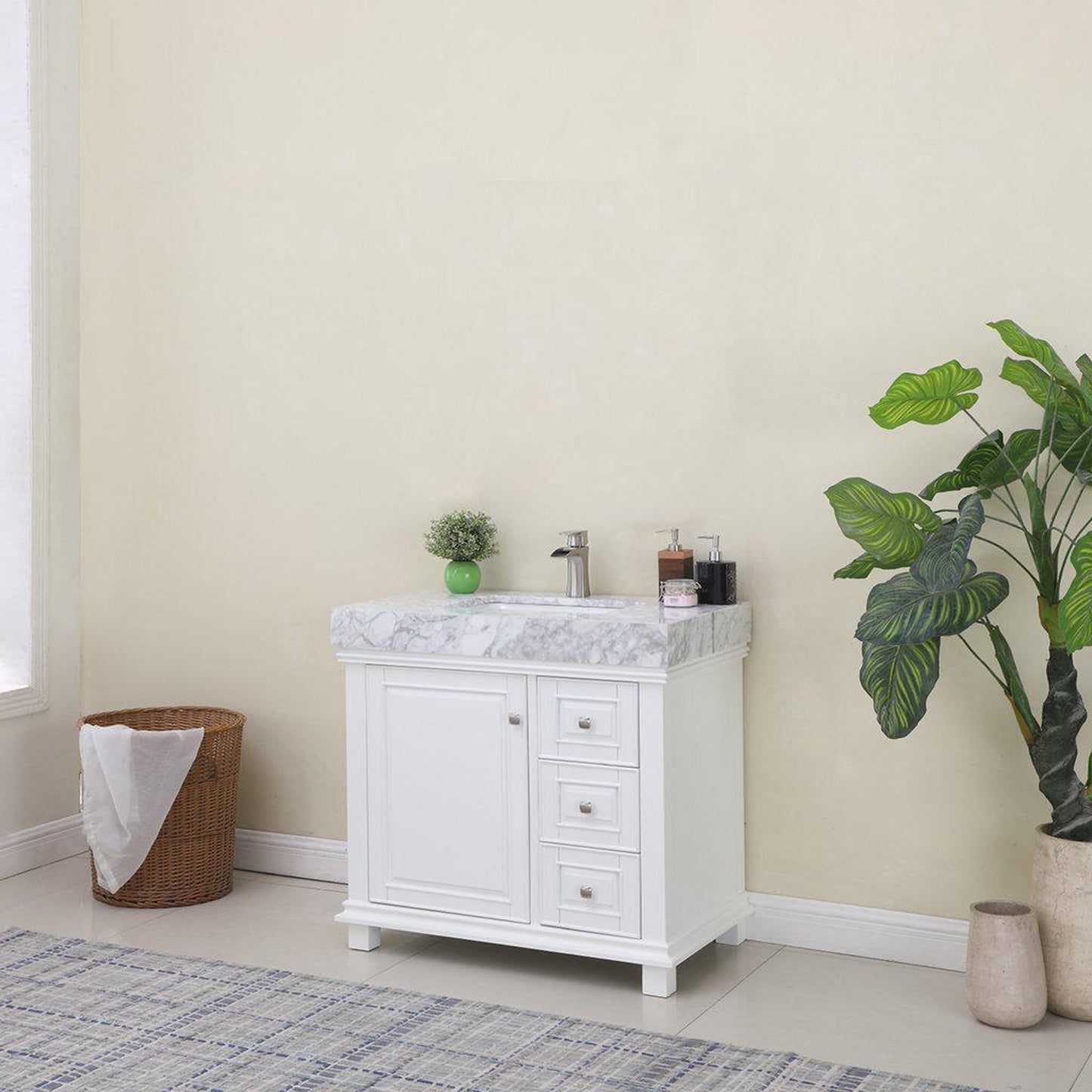Altair Jardin 36" Single White Freestanding Bathroom Vanity Set With Natural Carrara White Marble Top, Rectangular Undermount Ceramic Sink, and Overflow
