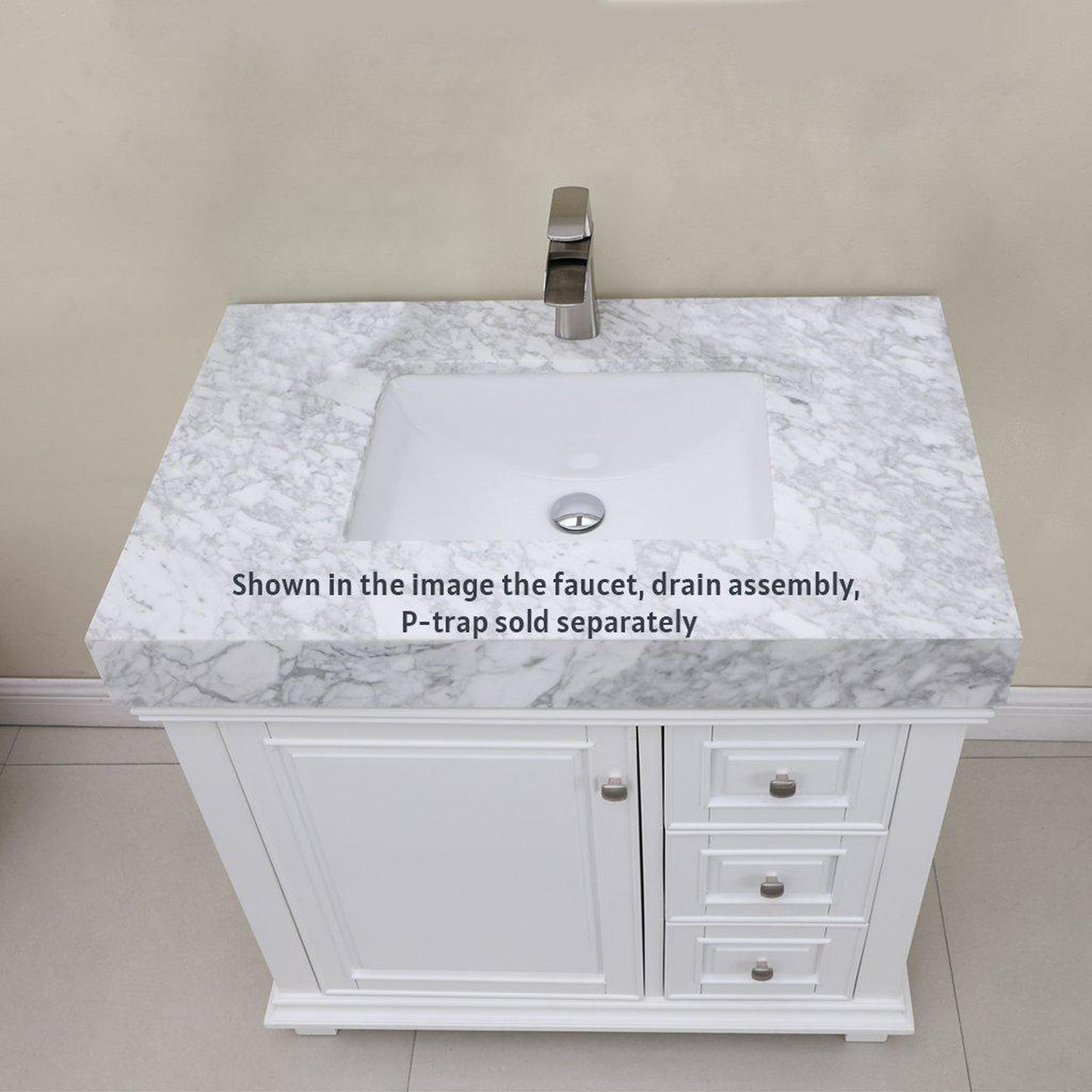 Altair Jardin 36" Single White Freestanding Bathroom Vanity Set With Natural Carrara White Marble Top, Rectangular Undermount Ceramic Sink, and Overflow