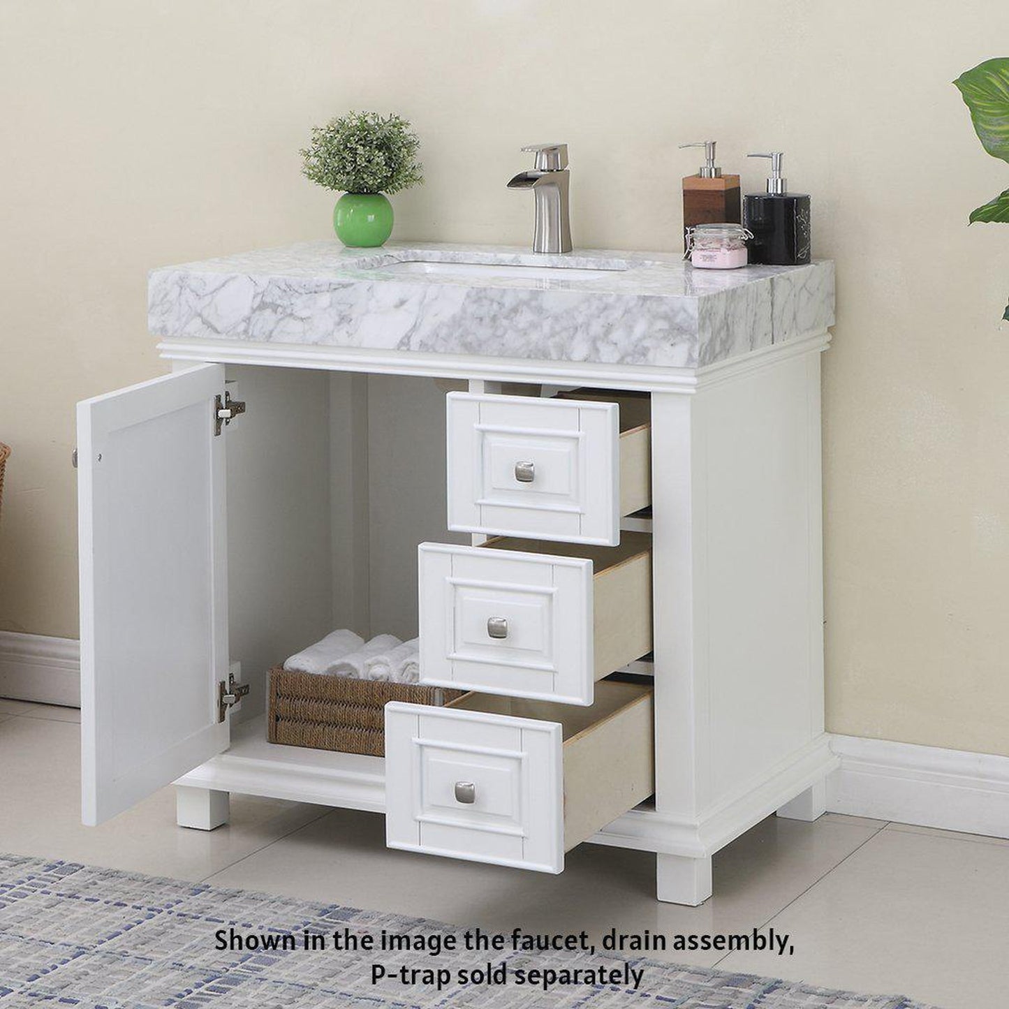 Altair Jardin 36" Single White Freestanding Bathroom Vanity Set With Natural Carrara White Marble Top, Rectangular Undermount Ceramic Sink, and Overflow