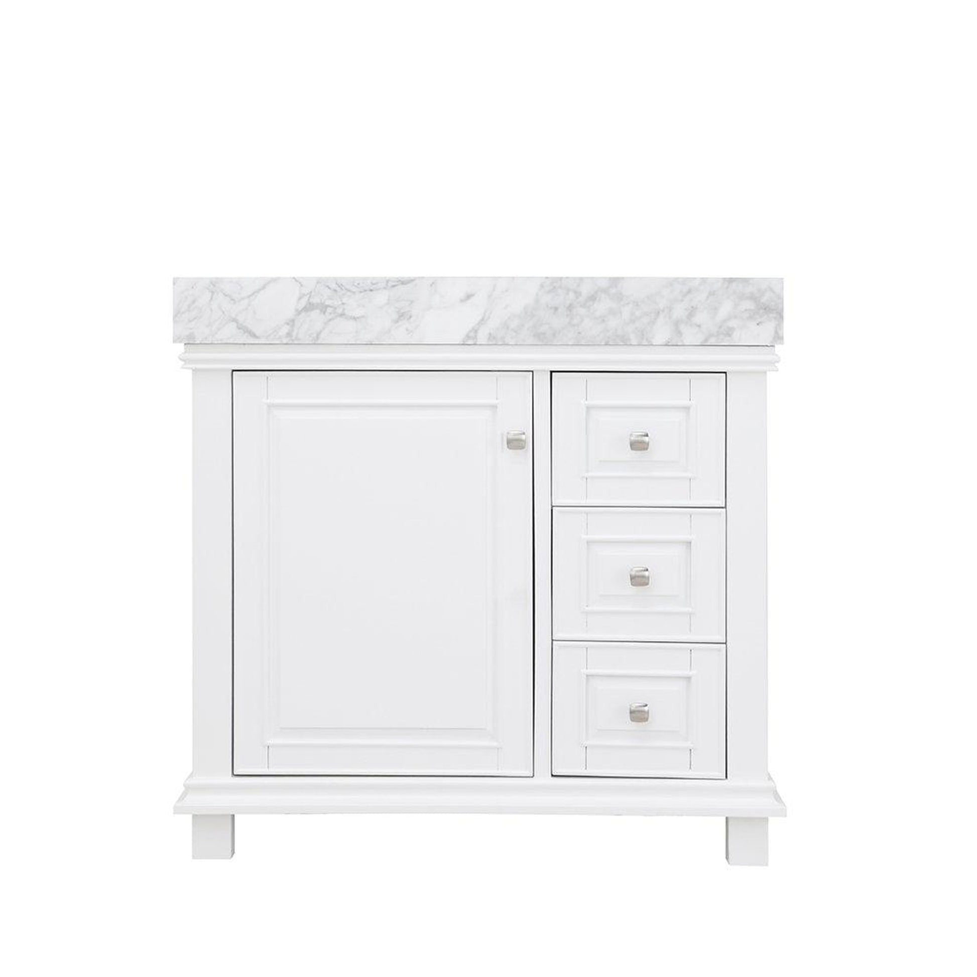 Altair Jardin 36" Single White Freestanding Bathroom Vanity Set With Natural Carrara White Marble Top, Rectangular Undermount Ceramic Sink, and Overflow