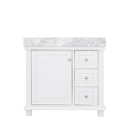 Altair Jardin 36" Single White Freestanding Bathroom Vanity Set With Natural Carrara White Marble Top, Rectangular Undermount Ceramic Sink, and Overflow