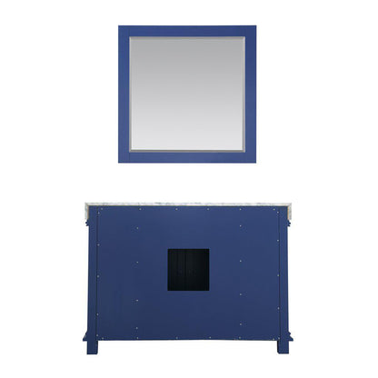 Altair Jardin 48" Single Jewelry Blue Freestanding Bathroom Vanity Set With Mirror, Natural Carrara White Marble Top, Rectangular Undermount Ceramic Sink, and Overflow