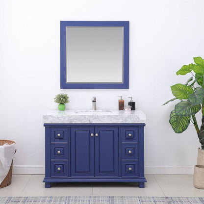 Altair Jardin 48" Single Jewelry Blue Freestanding Bathroom Vanity Set With Mirror, Natural Carrara White Marble Top, Rectangular Undermount Ceramic Sink, and Overflow