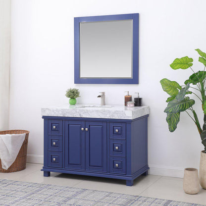 Altair Jardin 48" Single Jewelry Blue Freestanding Bathroom Vanity Set With Mirror, Natural Carrara White Marble Top, Rectangular Undermount Ceramic Sink, and Overflow