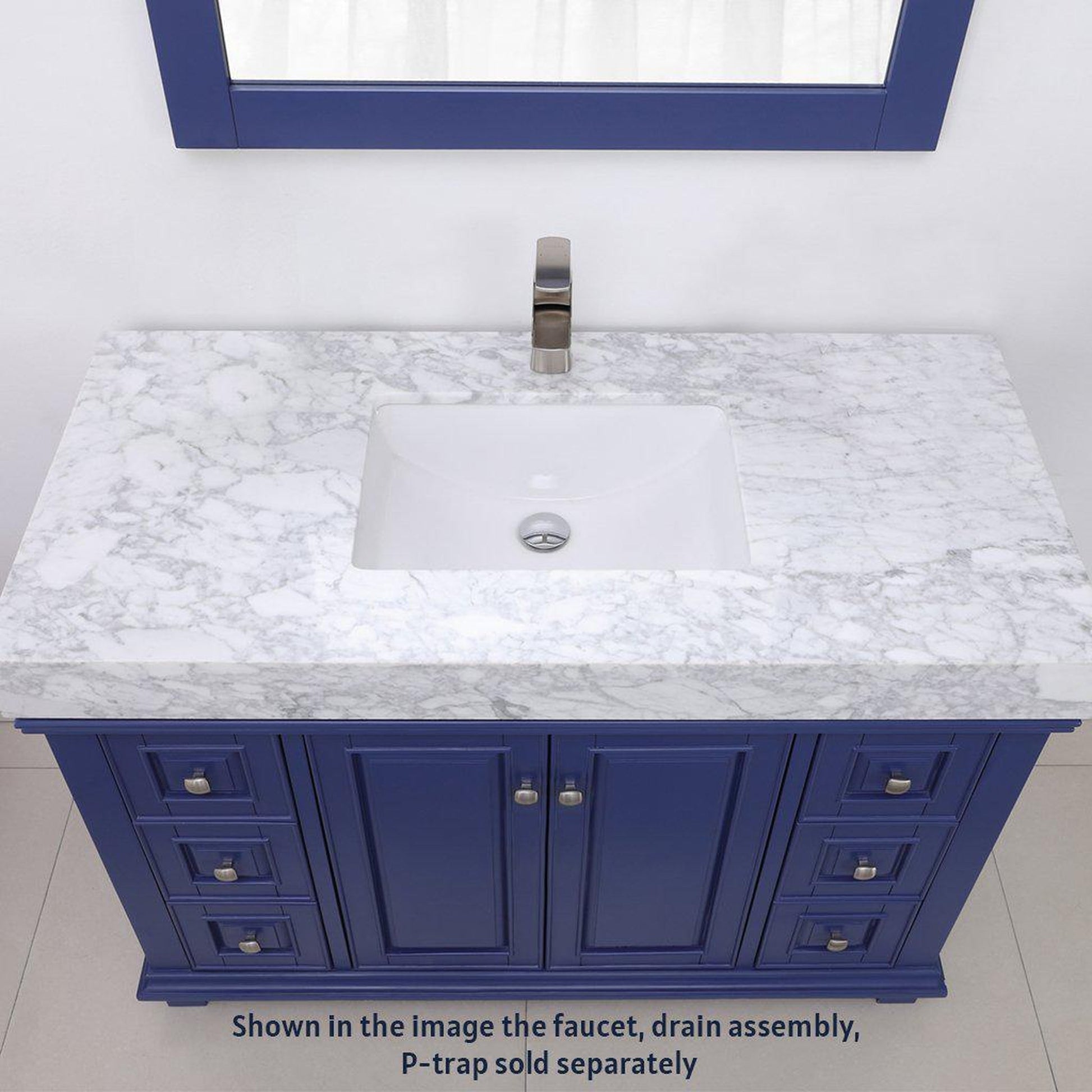 Altair Jardin 48" Single Jewelry Blue Freestanding Bathroom Vanity Set With Mirror, Natural Carrara White Marble Top, Rectangular Undermount Ceramic Sink, and Overflow