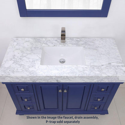 Altair Jardin 48" Single Jewelry Blue Freestanding Bathroom Vanity Set With Mirror, Natural Carrara White Marble Top, Rectangular Undermount Ceramic Sink, and Overflow