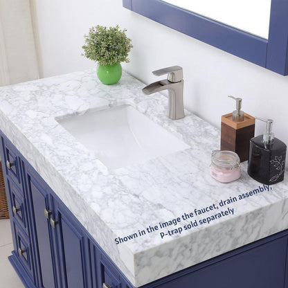 Altair Jardin 48" Single Jewelry Blue Freestanding Bathroom Vanity Set With Mirror, Natural Carrara White Marble Top, Rectangular Undermount Ceramic Sink, and Overflow