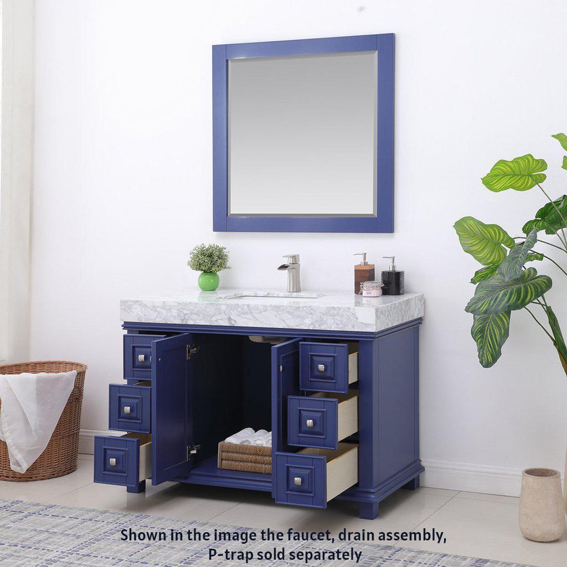 Altair Jardin 48" Single Jewelry Blue Freestanding Bathroom Vanity Set With Mirror, Natural Carrara White Marble Top, Rectangular Undermount Ceramic Sink, and Overflow