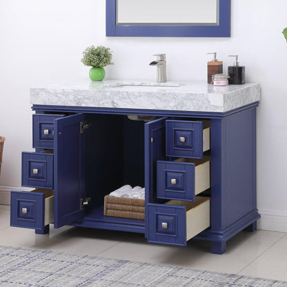 Altair Jardin 48" Single Jewelry Blue Freestanding Bathroom Vanity Set With Mirror, Natural Carrara White Marble Top, Rectangular Undermount Ceramic Sink, and Overflow