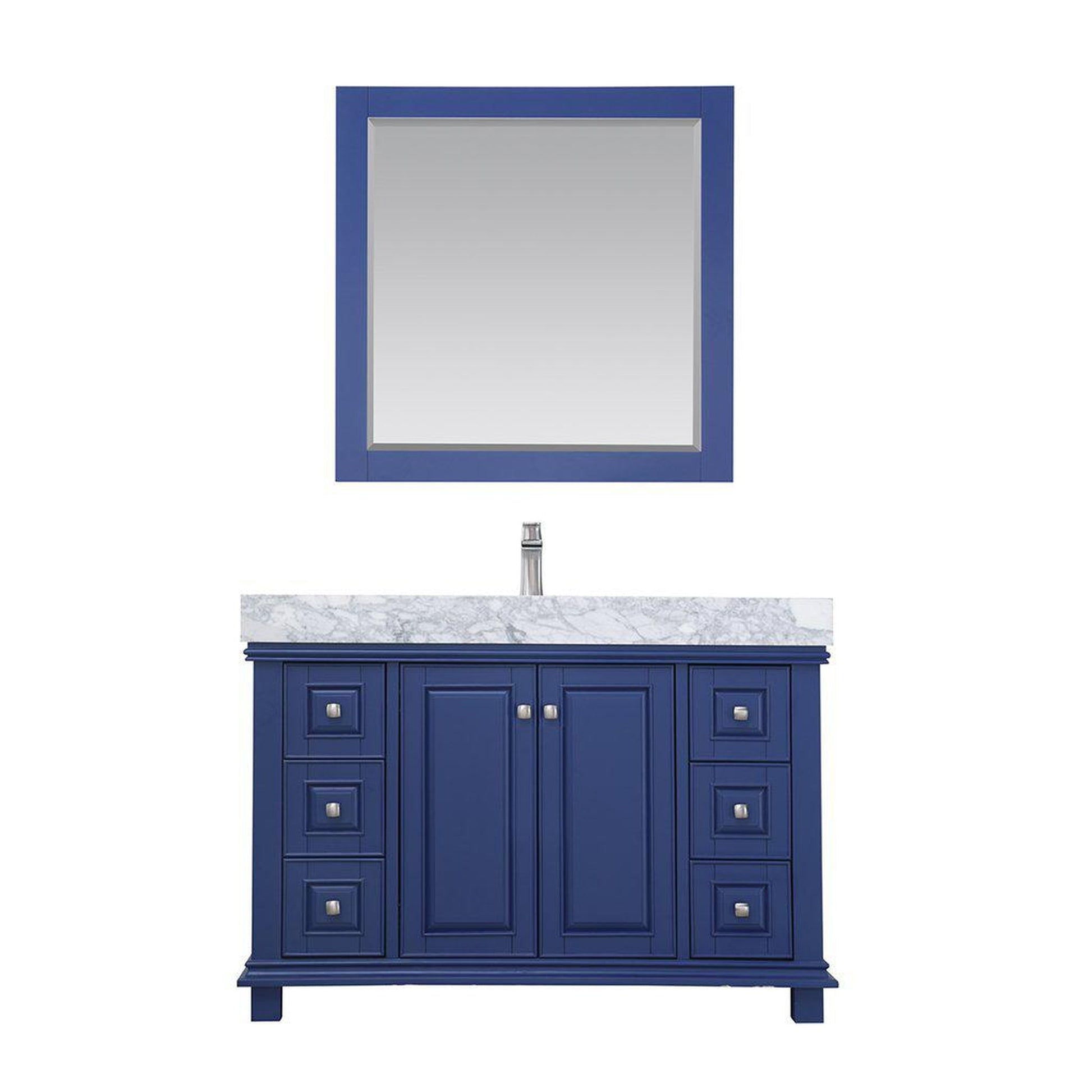 Altair Jardin 48" Single Jewelry Blue Freestanding Bathroom Vanity Set With Mirror, Natural Carrara White Marble Top, Rectangular Undermount Ceramic Sink, and Overflow