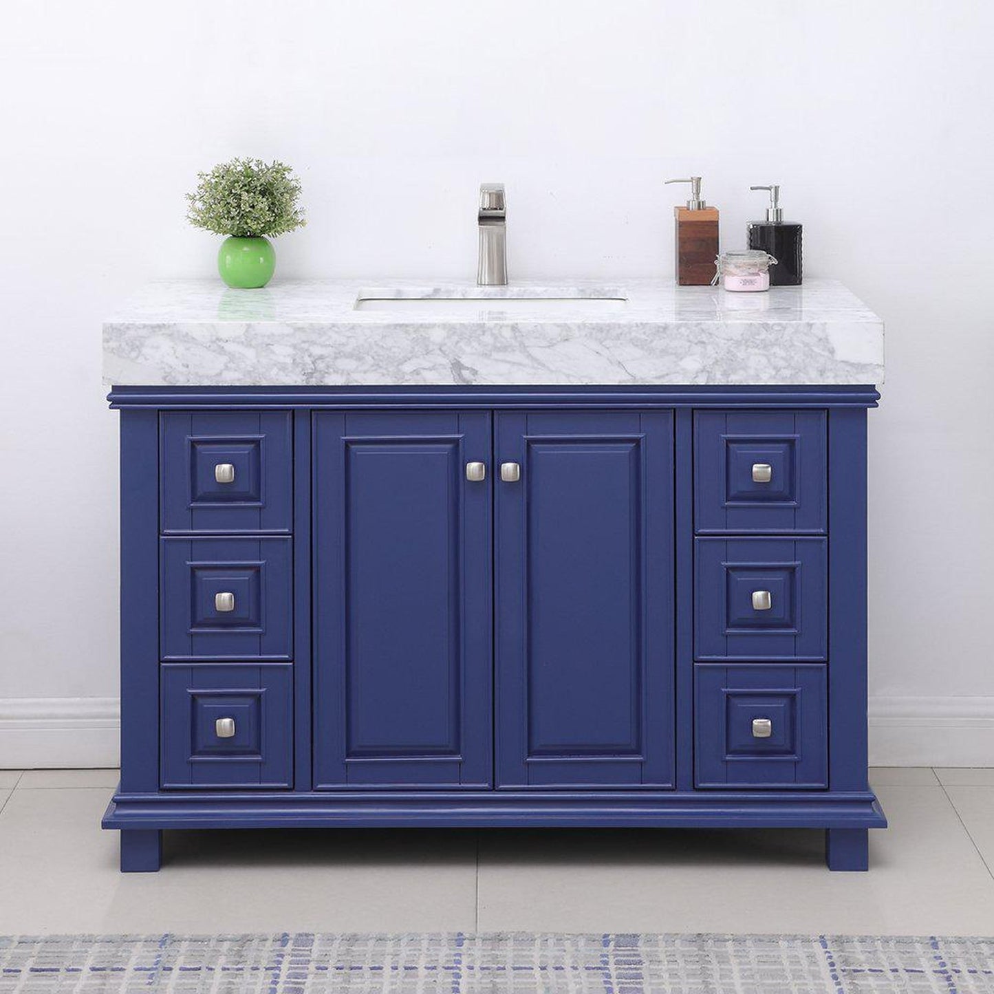 Altair Jardin 48" Single Jewelry Blue Freestanding Bathroom Vanity Set With Natural Carrara White Marble Top, Rectangular Undermount Ceramic Sink, and Overflow