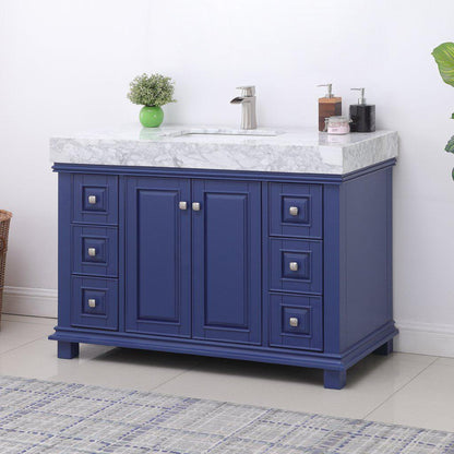 Altair Jardin 48" Single Jewelry Blue Freestanding Bathroom Vanity Set With Natural Carrara White Marble Top, Rectangular Undermount Ceramic Sink, and Overflow