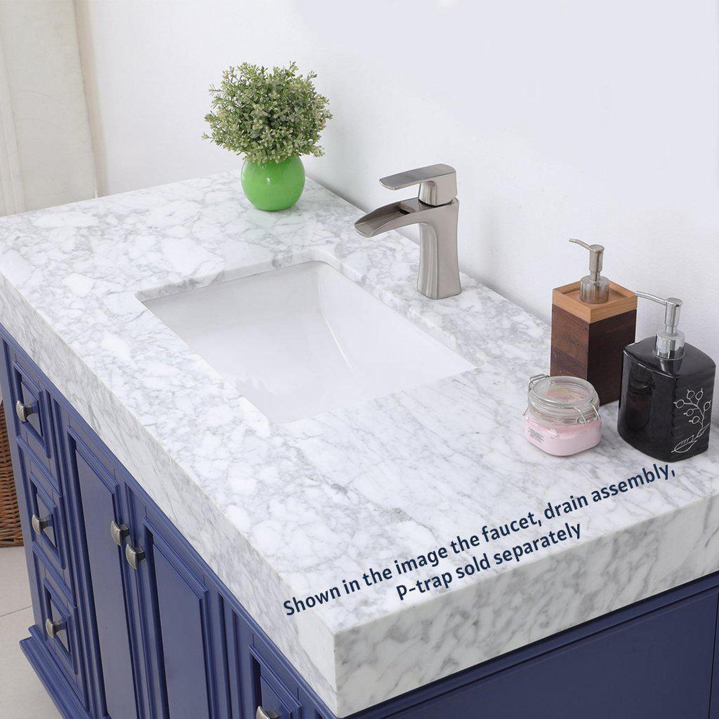 Altair Jardin 48" Single Jewelry Blue Freestanding Bathroom Vanity Set With Natural Carrara White Marble Top, Rectangular Undermount Ceramic Sink, and Overflow