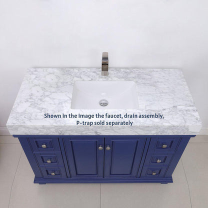 Altair Jardin 48" Single Jewelry Blue Freestanding Bathroom Vanity Set With Natural Carrara White Marble Top, Rectangular Undermount Ceramic Sink, and Overflow
