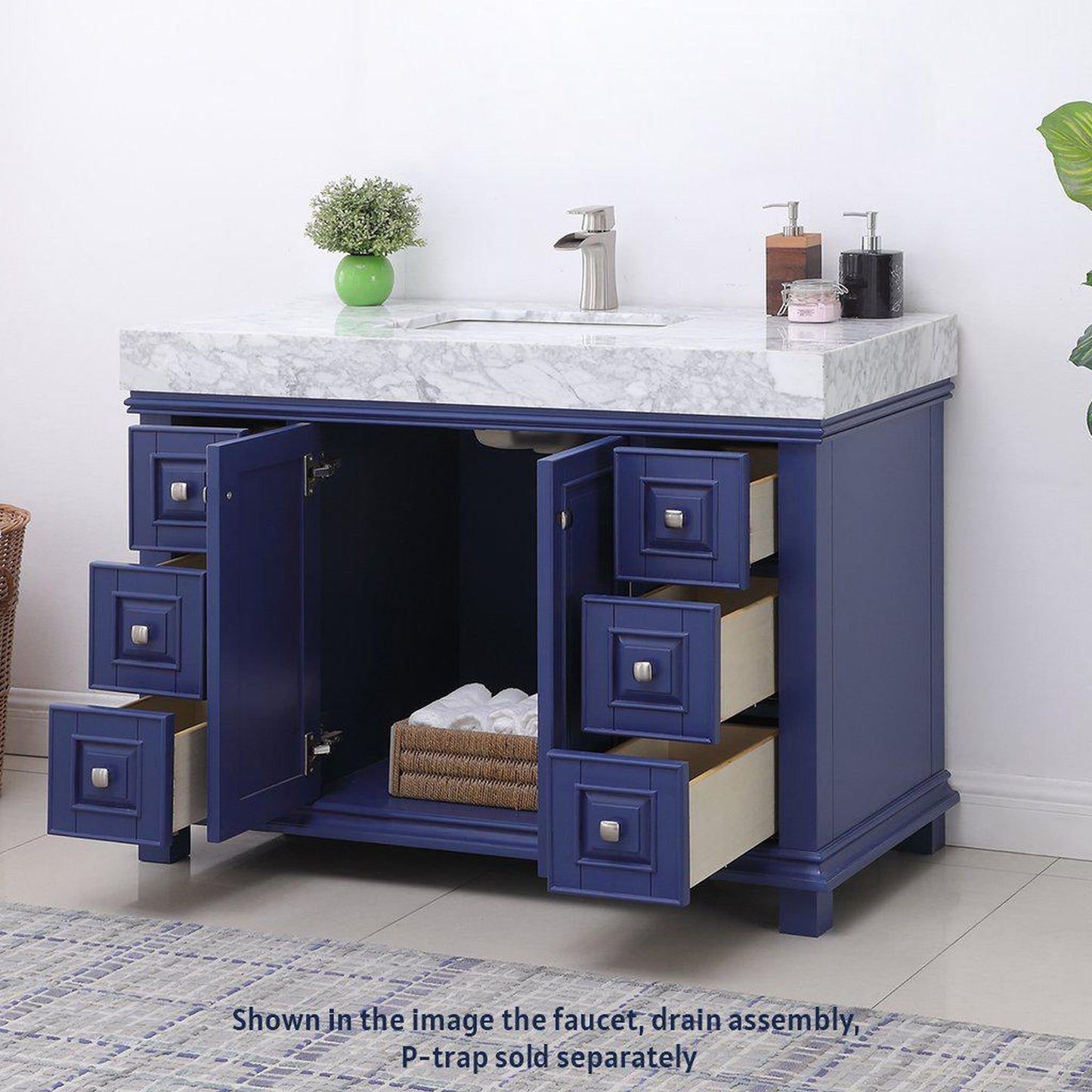 Altair Jardin 48" Single Jewelry Blue Freestanding Bathroom Vanity Set With Natural Carrara White Marble Top, Rectangular Undermount Ceramic Sink, and Overflow