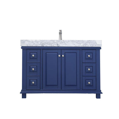 Altair Jardin 48" Single Jewelry Blue Freestanding Bathroom Vanity Set With Natural Carrara White Marble Top, Rectangular Undermount Ceramic Sink, and Overflow