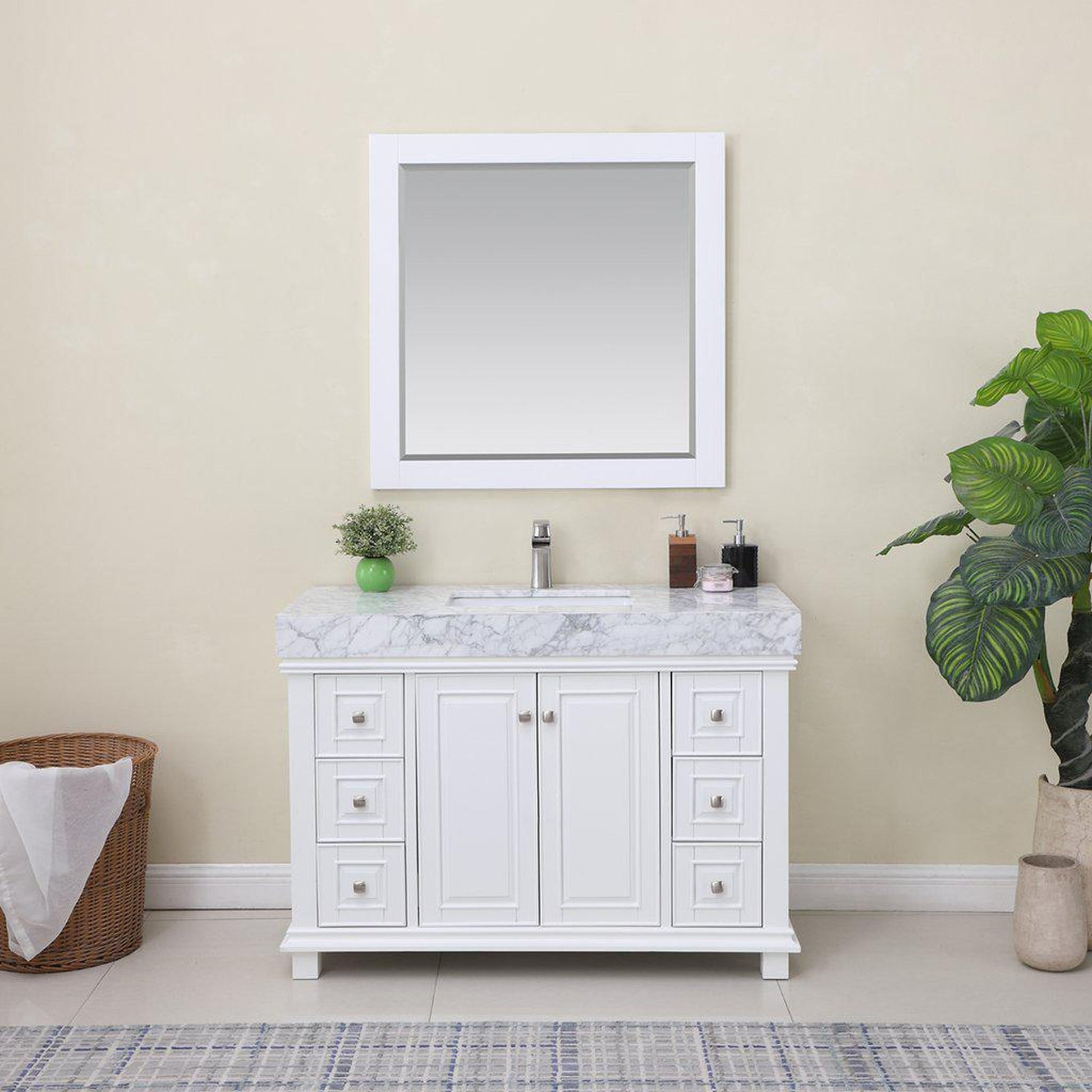 Altair Jardin 48" Single White Freestanding Bathroom Vanity Set With Mirror, Natural Carrara White Marble Top, Rectangular Undermount Ceramic Sink, and Overflow