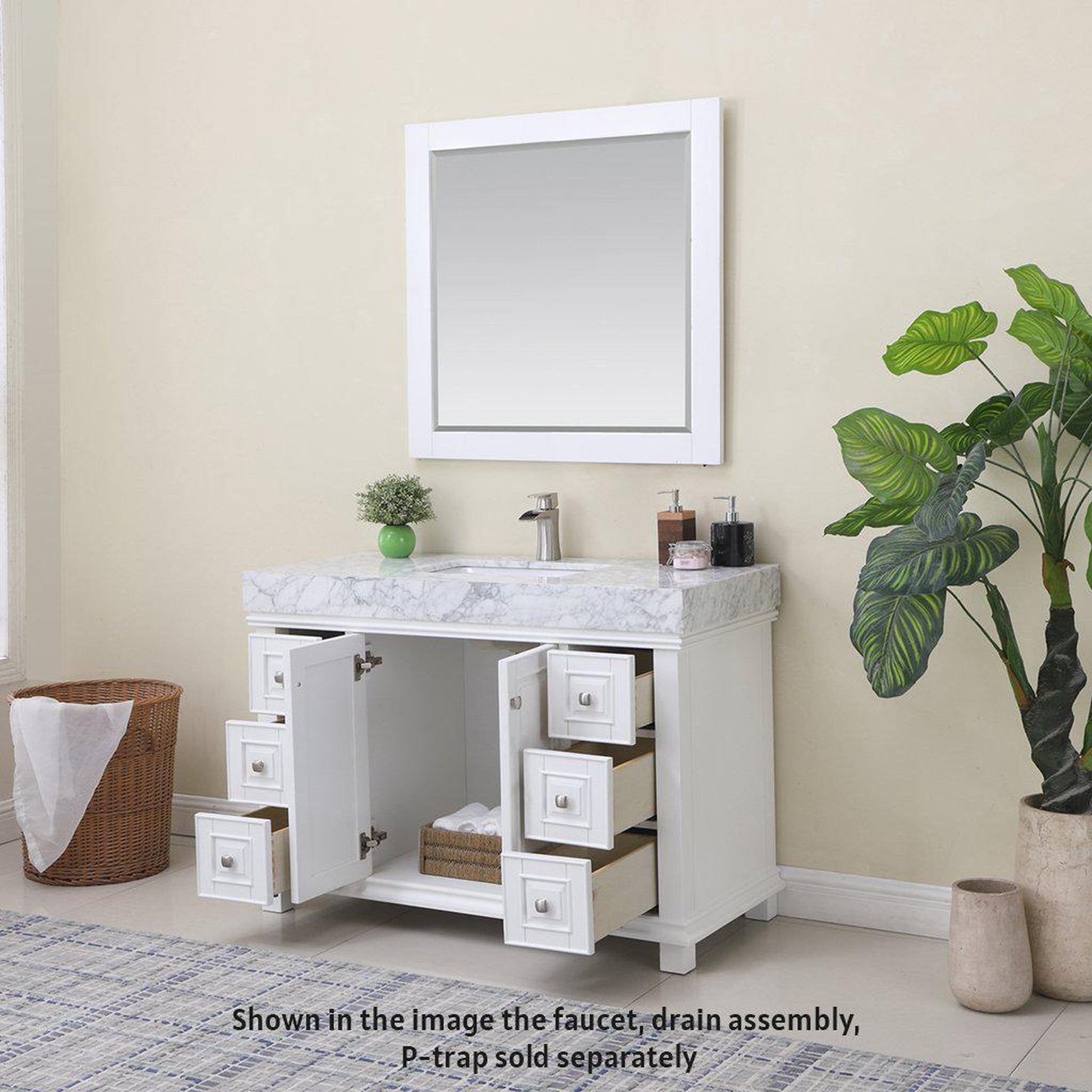 Altair Jardin 48" Single White Freestanding Bathroom Vanity Set With Mirror, Natural Carrara White Marble Top, Rectangular Undermount Ceramic Sink, and Overflow