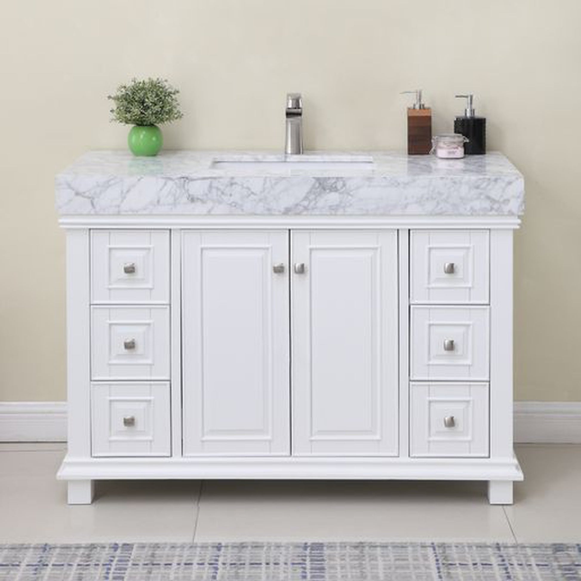 Altair Jardin 48" Single White Freestanding Bathroom Vanity Set With Natural Carrara White Marble Top, Rectangular Undermount Ceramic Sink, and Overflow